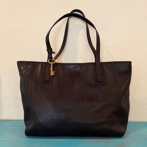 Fossil Black Leather Tote Bag With Key Charm & Dual Handles Purse